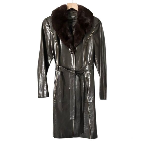 Vintage Belted Leather and Fur Trim Trench Coat in Chocolate Brown Size Medium - Picture 1 of 5